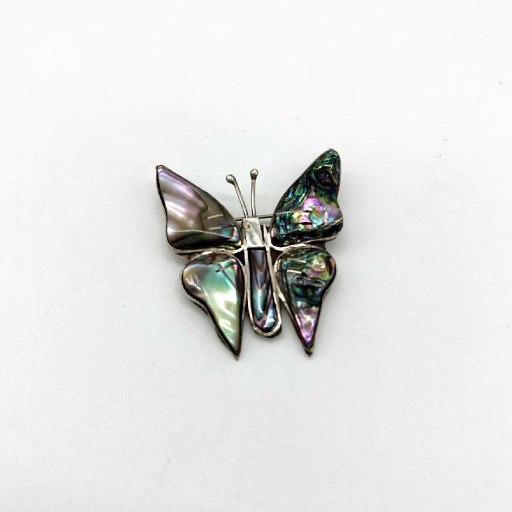 Signed Vintage‎ Abalone Butterfly Brooch Pin Sterling Silver Iridescent
